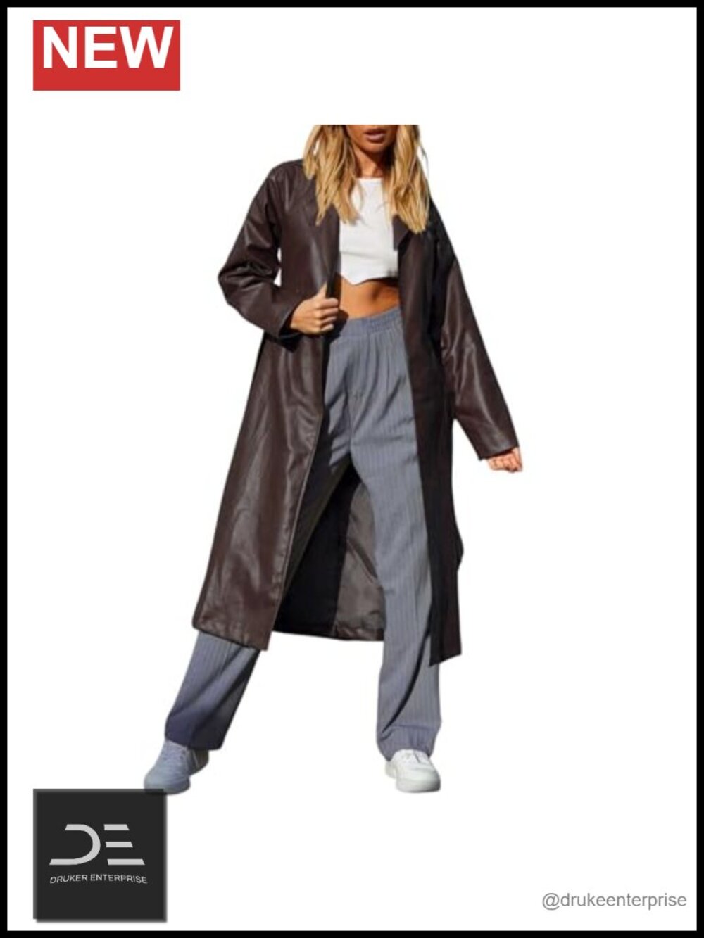 Faux Leather Long Trench Coat with Belt Open Front